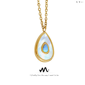 Cold style water drop shape pendant necklace female white seashell opal inlaid with versatile fashion clavicle chain