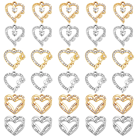 30Pcs 6 Styles Alloy Crystal Rhinestone Pendants, Heart Charms for Mother's Day