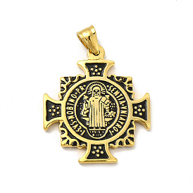Ion Plating(IP) 304 Stainless Steel Religion Pendants, Saint Benedict of Nursia Maltese Cross Charms, with Black Enamel