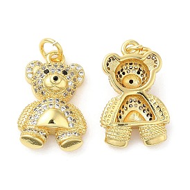 Brass Micro Pave Cubic Zirconia Pendants, Lead Free & Cadmium Free, Bear Charms, with Jump Rings