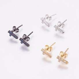 Brass Micro Pave Cubic Zirconia Stud Earrings, with Ear Nuts, Cross