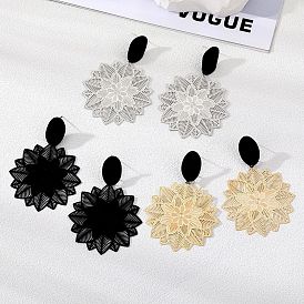 Vintage Metal Flower Earrings with Hollowed-out Design and Computer Chip Pendant, Leaf Studs and Tassel Drops