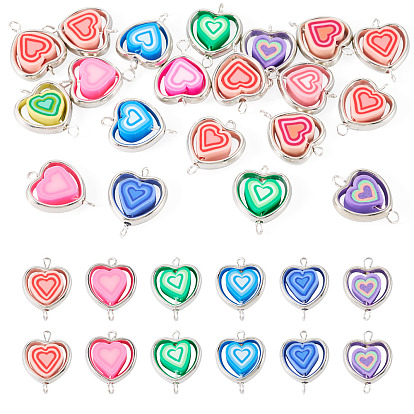 20Pcs Polymer Clay Heart & CCB Heart Frame Links Connector Charms, with Brass Double Loops, Platinum