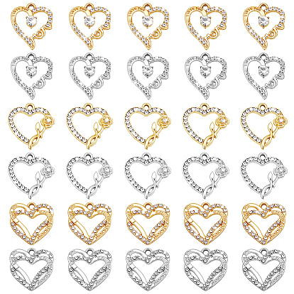 30Pcs 6 Styles Alloy Crystal Rhinestone Pendants, Heart Charms for Mother's Day
