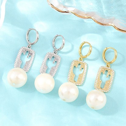 Brass Micro Pave Cubic Zirconia Dangle Hoop Earrings, Rectangle with Cactus, with Glass, Lead Free & Cadmium Free, Long-Lasting Plated, Rack Plating