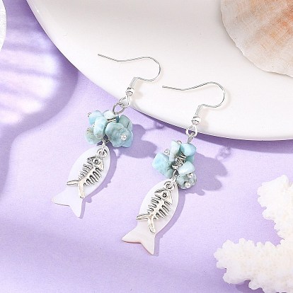 Ohrhänger mit Anhänger aus Muschellegierung für Damen, Fisch, mit natürlichen Larimar-Splitterperlen