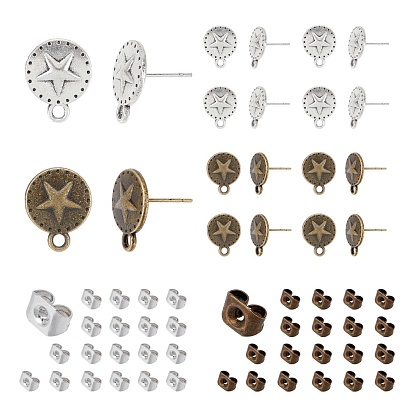 40Pcs 2 Color Tibetan Style Alloy Stud Earring Findings, with Loop, with 40Pcs Iron Ear Nuts, Cadmium Free & Lead Free