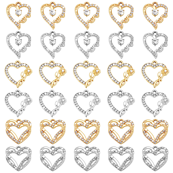30Stück 6Stile Legierung Kristall Strass Anhänger, Herzanhänger zum Muttertag