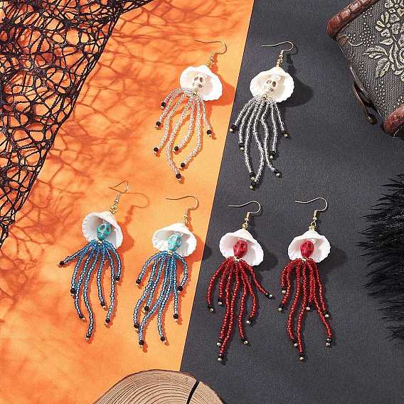 304 серьги-подвески из нержавеющей стали с синтетической бирюзой, натуральным черным ониксом и стеклянными бусинами, форма раковины с черепом, золотые