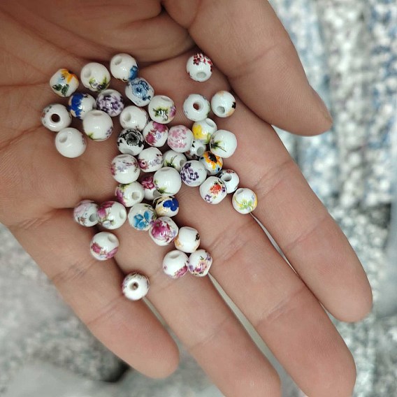 Фарфоровые керамические бусины ручной работы с цветочным принтом, круглые