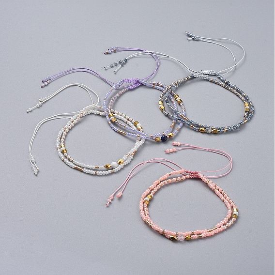 Braided Beaded Bracelets, with Glass Seed Beads, Natural Gemstone Beads, Brass Bead Spacers and Burlap Bags