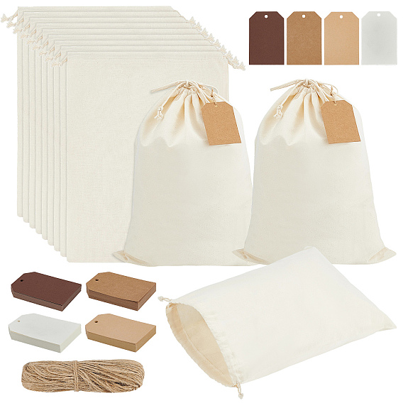 12Pcs Rectangle Cotton Drawstring Bags, with 100Pcs 4 Colors Rectangle Paper Blank Gift Tags and 1 Bundle Jute Cord