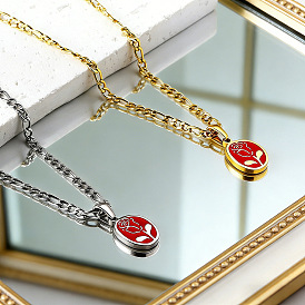 304 Stainless Steel Enamel Red Oval with Rose Flower Pendant Necklaces for Women
