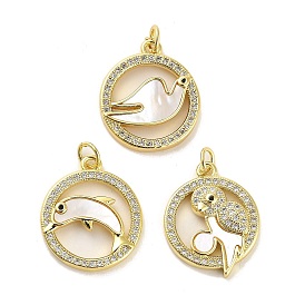 Brass Micro Pave Clear Cubic Zirconia Pendants, with Shell, Jump Rings, Real 18K Gold Plated