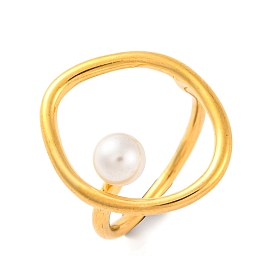 Ion Plating(IP) 304 Stainless Steel Oval Cuff Finger Rings for Women, with Round Plastic Imitation Pearl