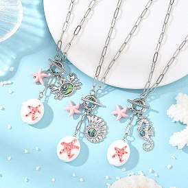 Collares con colgante ovalado de porcelana hecho a mano con forma de estrella de mar y 304 collares con colgante de animales marinos de acero inoxidable con cierres de rosca, rosa, formas mixtas