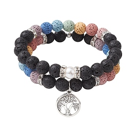 2pcs 2 Styles 8mm Round Dyed Natural Lava Rock & Shell Pearl Beaded Stretch Bracelet Sets, Tibetan Style Alloy Tree of Life Charm Stackable Bracelets for Women Men