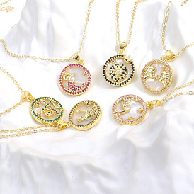 Zodiac-inspired 18K Gold-plated Round Pendant with Micro-set Crystals on O-chain Necklace