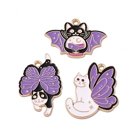 Alloy Enamel Pendants, Light Gold, Bat/Cat with Butterfly Wings