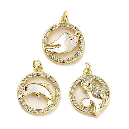 Pendentifs en laiton zircon cubique transparent, sans cadmium et sans plomb, avec coquille, Saut anneaux, réel 18 k plaqué or