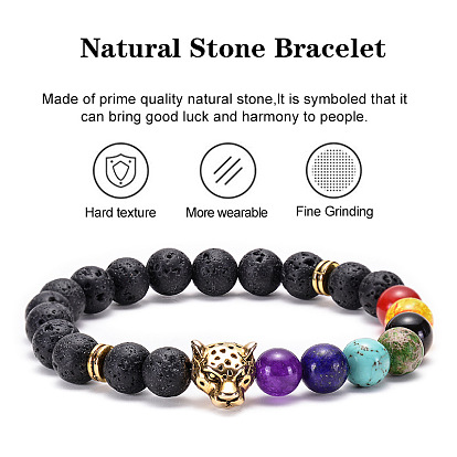 Lava Volcano Stone Leopard Lion Owl Bracelet with Seven Chakra Stones and Natural Buddha Head Beads