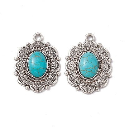 Pendentifs turquoise synthétiques, charmes ovales, avec des résultats en alliage de placage de crémaillère