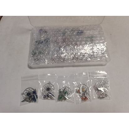 30 piezas 5 estilos colgantes grandes de aleación chapada en plata antigua con astillas de piedras naturales mezcladas, red tejida con dijes de plumas