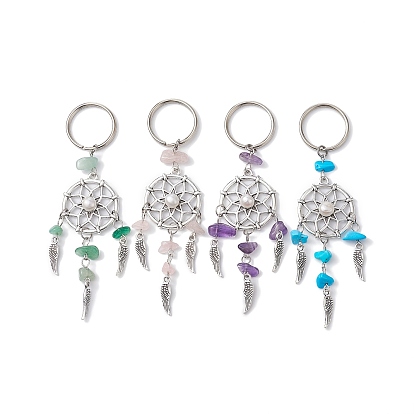 Woven Web/Net with Wing Alloy Pendant Keychain, with Gemstone Chips and Iron Split Key Rings