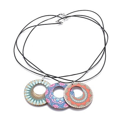 Colliers pendentif en bois, avec vachette cordon en cuir et 304 en acier inoxydable fermoirs pince de homard, avec des sacs de paking de toile de jute