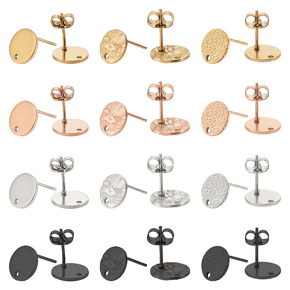 48Pcs 12 Style Ion Plating(IP) 304 Stainless Steel Stud Earring Findings, with Flat Plate and Ear Nuts/Earring Backs, Flat Round with Hole