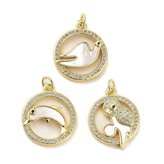 Brass Micro Pave Clear Cubic Zirconia Pendants, Cadmium Free & Lead Free, with Shell, Jump Rings, Real 18K Gold Plated
