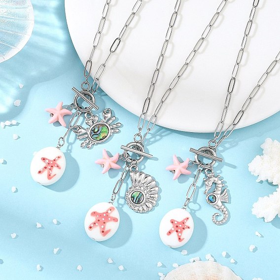 Handmade Porcelain Oval with Starfsih & 304 Stainless Steel Sea Animals Pendant Necklaces with OT Clasps, Pink, Mixed Shapes