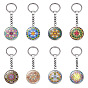 Mandala Flower Pattern Time Cabochon Glass Half Round Keychain, with Alloy Ring, for Men Women Gift