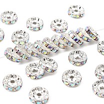 Brass Grade A Rhinestone Spacer Beads, Silver Color Plated, Nickel Free, Rondelle