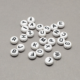 White and Black Acrylic Horizontal Hole Letter Beads, Flat Round with Letter, 7x4mm, Hole: 1.3mm, about 3600pcs/500g