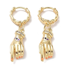 Real 18K Gold Plated Brass Dangle Hoop Earrings, with Enamel and Cubic Zirconia, Hand with Evil Eye