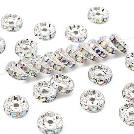 Brass Grade A Rhinestone Spacer Beads, Silver Color Plated, Nickel Free, Rondelle