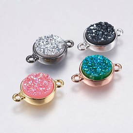 Druzy Resin Links Connectors, with Brass Findings, Flat Round