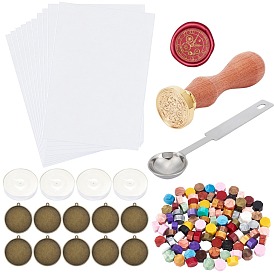 CRASPIRE DIY Scrapbook Making Kits, Including Sealing Wax Particles, Candles, Stainless Steel Spoon, Diamond Painting Release Paper, Alloy Pendant Cabochon Settings, Brass Wax Seal Stamp and Wood Handle