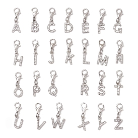 26Pcs 26 Styles Alloy Crystal Rhinestone Pendant Decorations, with Lobster Claw Clasps, Letter A~Z