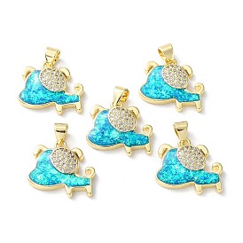 Rack Plating Brass Micro Pave Cubic Zirconia Pendants, Synthetic Opal Dog Charms with Snap on Bail, Cadmium Free & Lead Free, Long-Lasting Plated, Real 18K Gold Plated