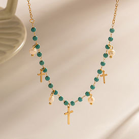 Blue Stone Bead Necklace Necklace Cross Freshwater Pearl Tassel Pendant Titanium Steel Necklace Women