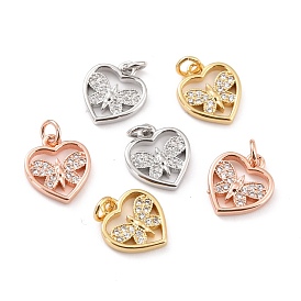 Brass Micro Pave Cubic Zirconia Pendants, with Jump Rings, Long-Lasting Plated, Cadmium Free & Lead Free, Heart with Butterfly