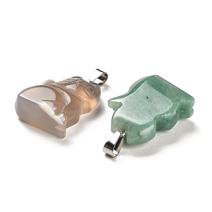 Mixed Gemstone Pendants, Cat Shape Charms with Platinum Plated Iron Snap on Bails