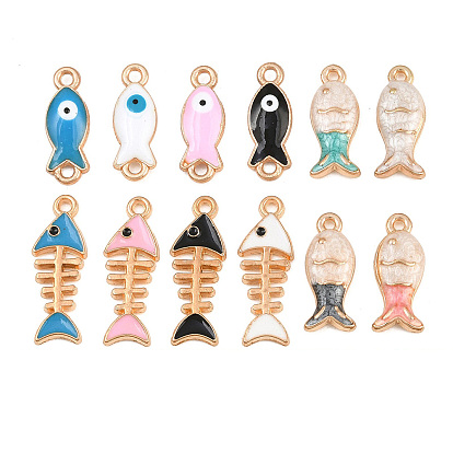 Alloy Enamel Pendants, Fishbone & Fish Charms, Light Gold