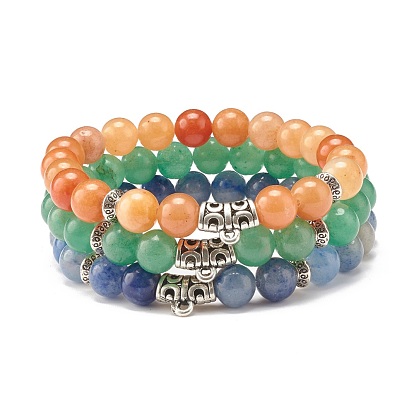 3Pcs 3 Colors Natural Aventurine Round Beaded Stretch Bracelets Set with Curved Tube, Gemstone Jewelry for Women