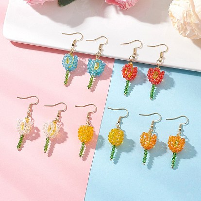 304 серьги-подвески в виде стеклянных цветов из нержавеющей стали, с фурнитурой для сережек из сплава в тибетском стиле и экологически чистой медной проволоки