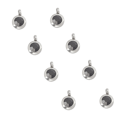 Trendy Original Color 304 Stainless Steel Grade A Rhinestone Flat Round Charm Pendants, Faceted