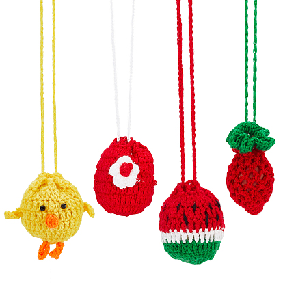 4Pcs 4 Style Woolen Chicken Egg Drawstring Crochet Pouch, for Dragon Boat Festival Children Eggs Storage Decor