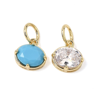 Brass Pave Cubic Zirconia Charms, Oval Charms, Single Stone Charms, Rack Plating, Long-Lasting Plated, Cadmium Free & Lead Free, Real 18K Gold Plated